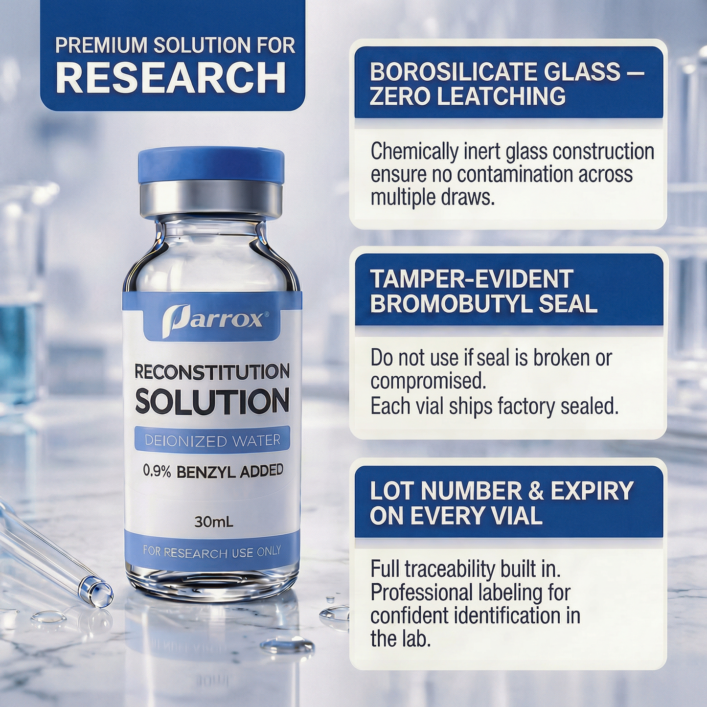 BAC Water 30mL - 4 Pack Glass Vials - Sterile Reconstitution Solution