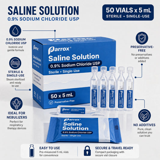 Parrox Saline Solution 0.9% Sodium Chloride USP, 50 vials x 5 mL.