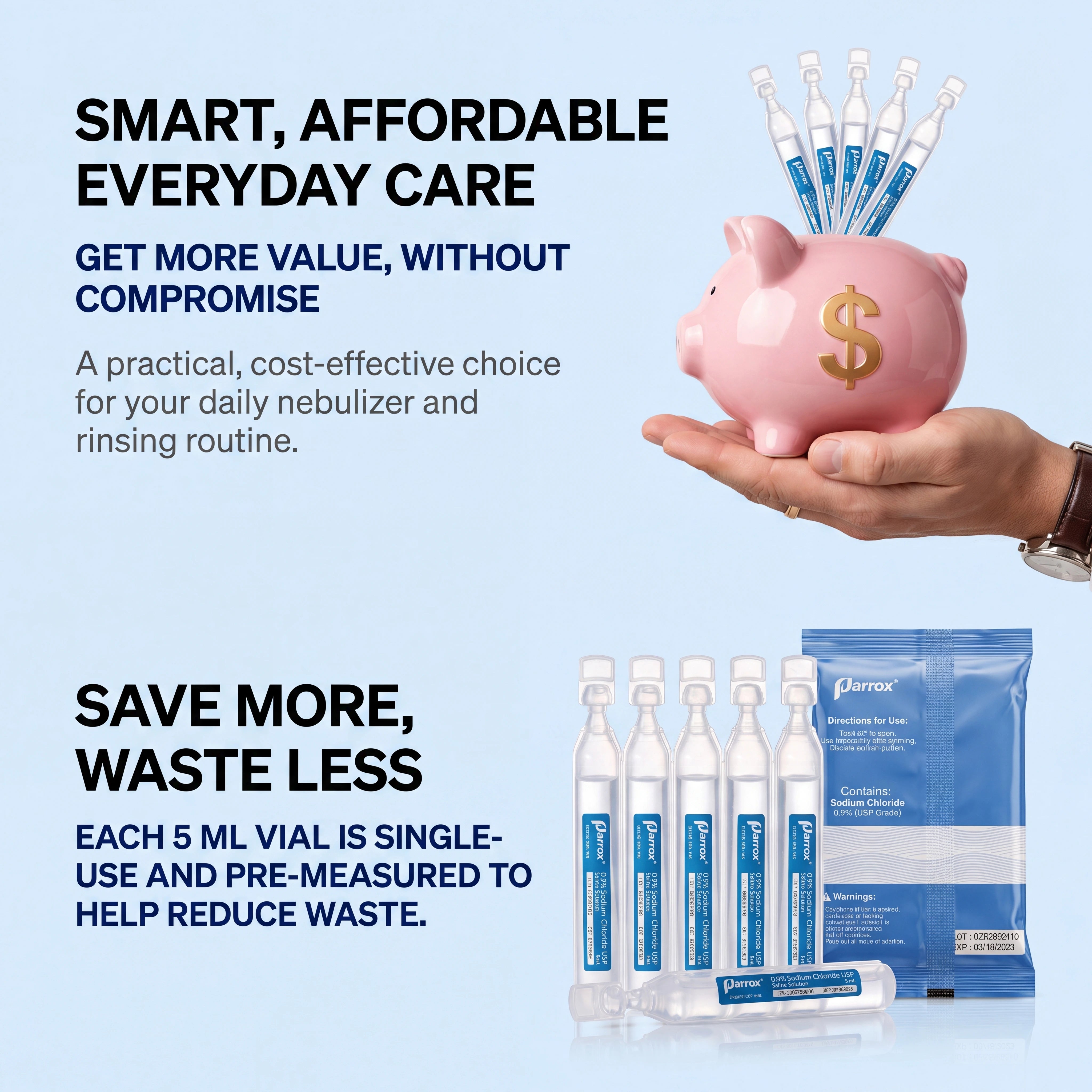 Promotional graphic for a daily care kit showing a pink piggy bank with syringes inserted, held by a visible hand, alongside multiple 5 mL vials and a blue pouch labeled Jarrick on a light blue background with marketing text.