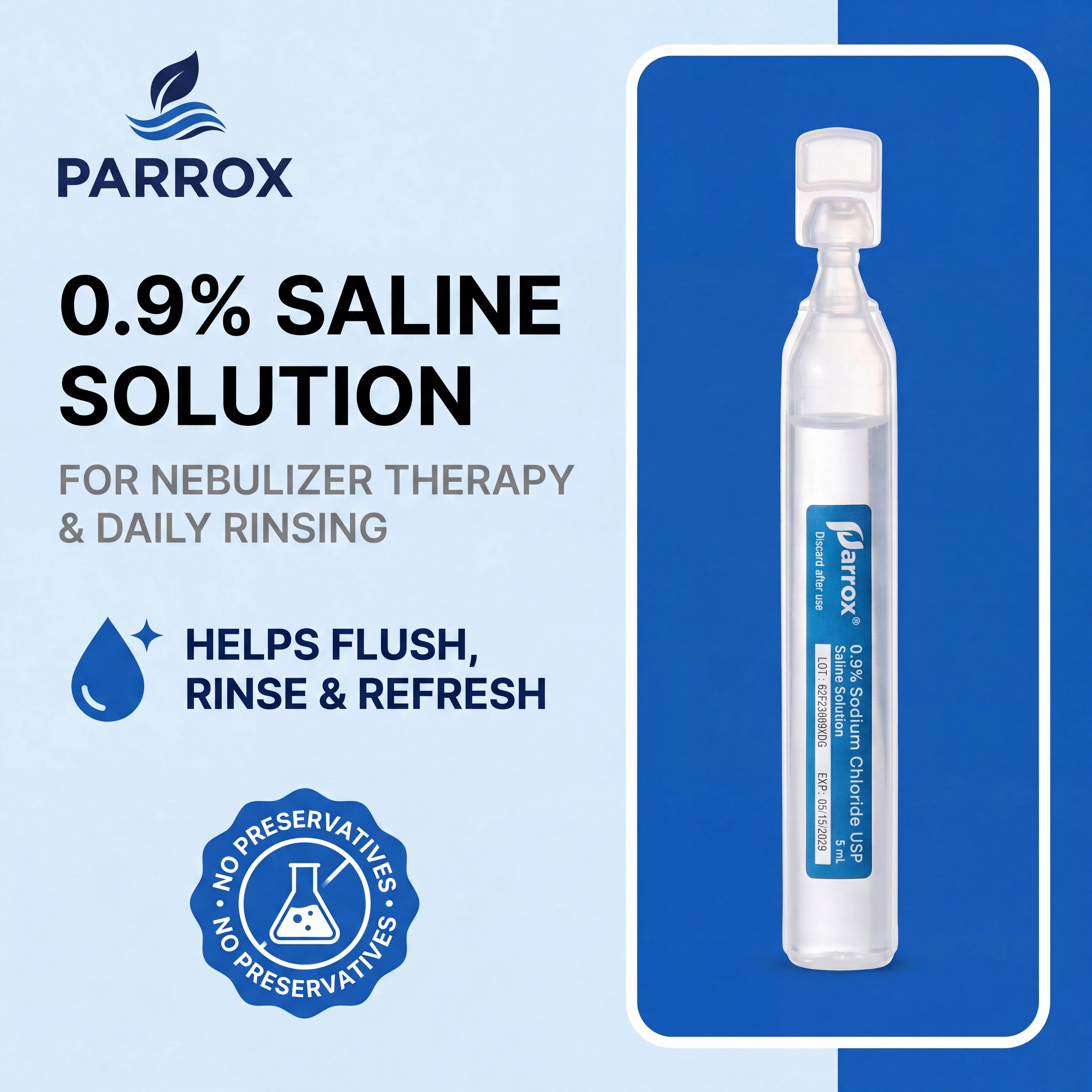 Parrox 0.9% Saline Solution nebulizer charge cup on a light blue and dark blue graphic background with product text and a seal.