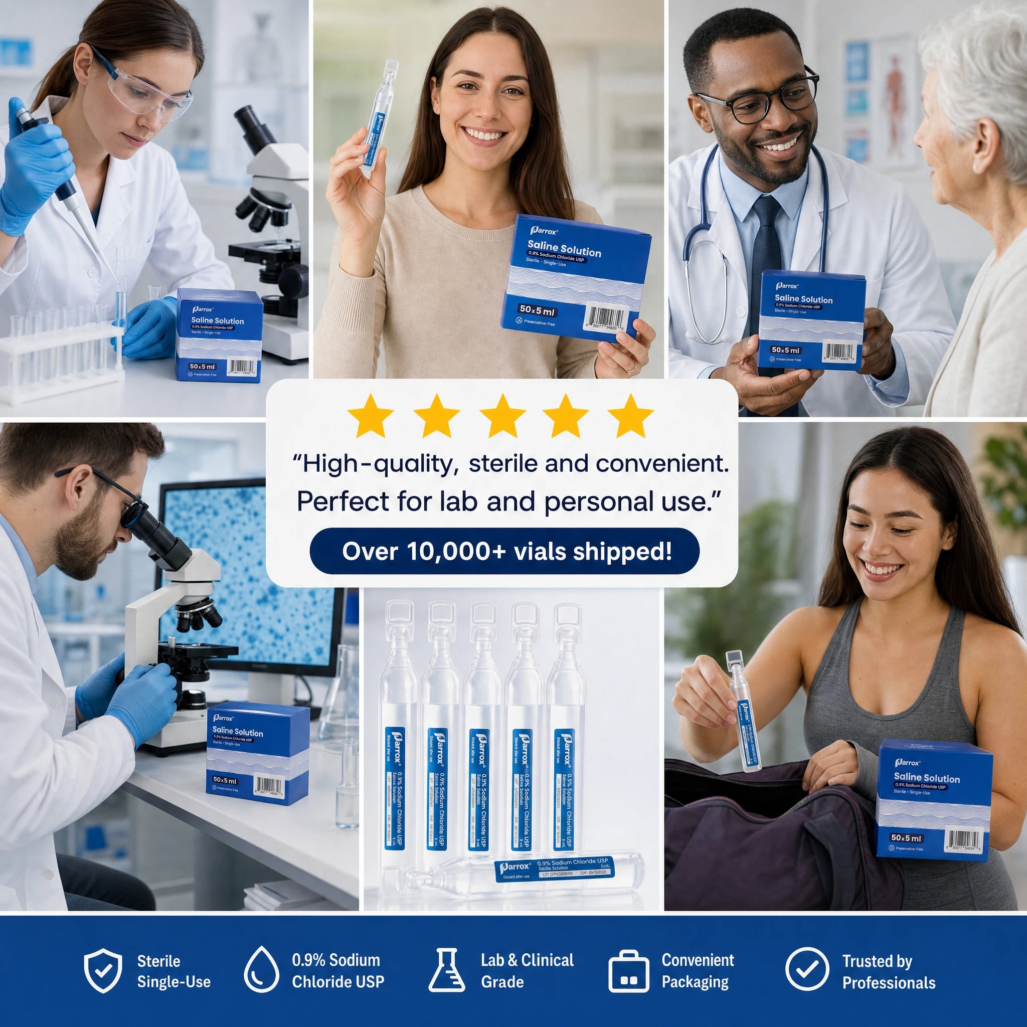 A promotional collage for Sudaflex Sodium Solution vials showing multiple people in lab coats and casual settings holding or using the product, with several blue boxes and several clear vials displayed in the center. Text highlights high-quality, sterile, convenient use and over 10,000 vials shipped.