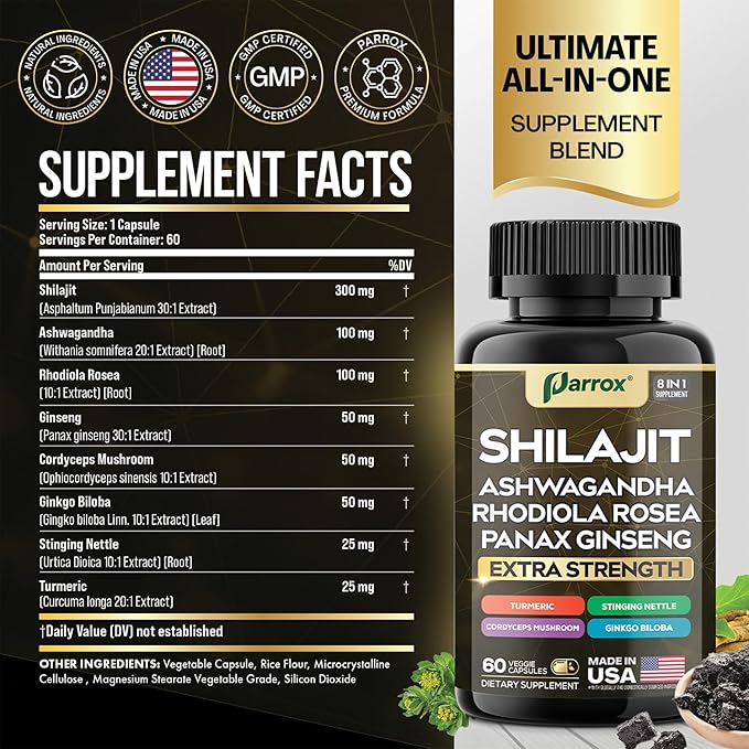 Pure Shilajit Energy Complex - 8 Premium Adaptogens in 1 Capsule