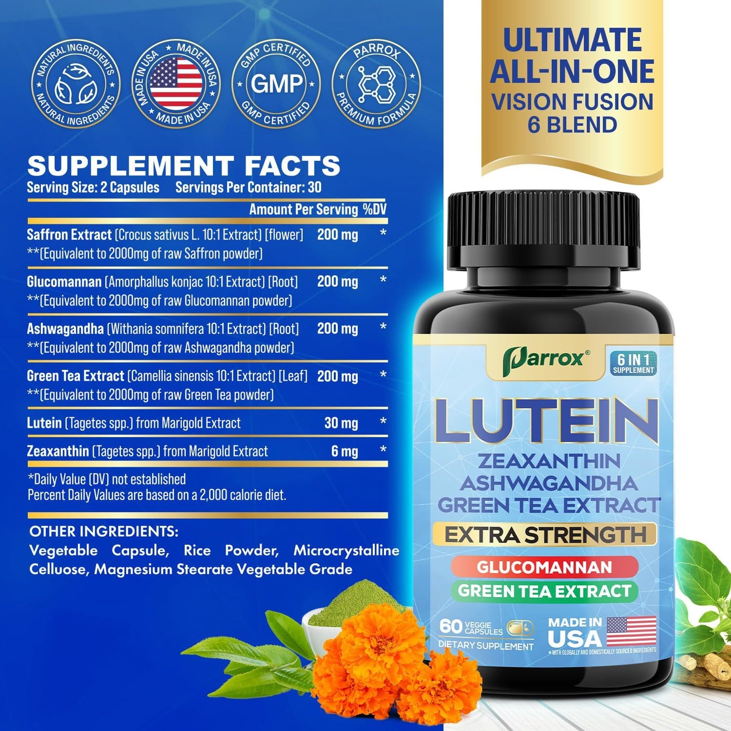 6-in-1 Vision & Focus Support - Lutein, Zeaxanthin & Ashwagandha