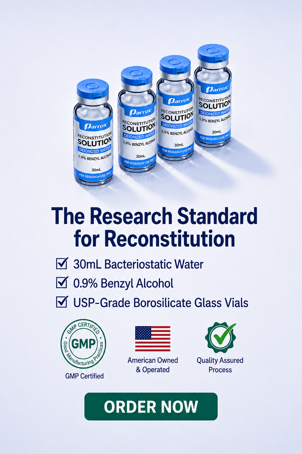 Four small blue-labeled vials of Parson Reconstitution Solution are shown on a light gray background with marketing text, checkmarks, GMP certification, American flag, and an 'ORDER NOW' button.