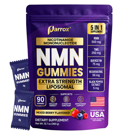 Parrox NMN Gummies 500mg – Liposomal NMN | 5-in-1 with TMG | Quercetin | Resveratrol | BioPerine® – NAD+ Precursor – Gelatin Free, Non-GMO, No Artificial Colors – Mixed Berry, 90ct