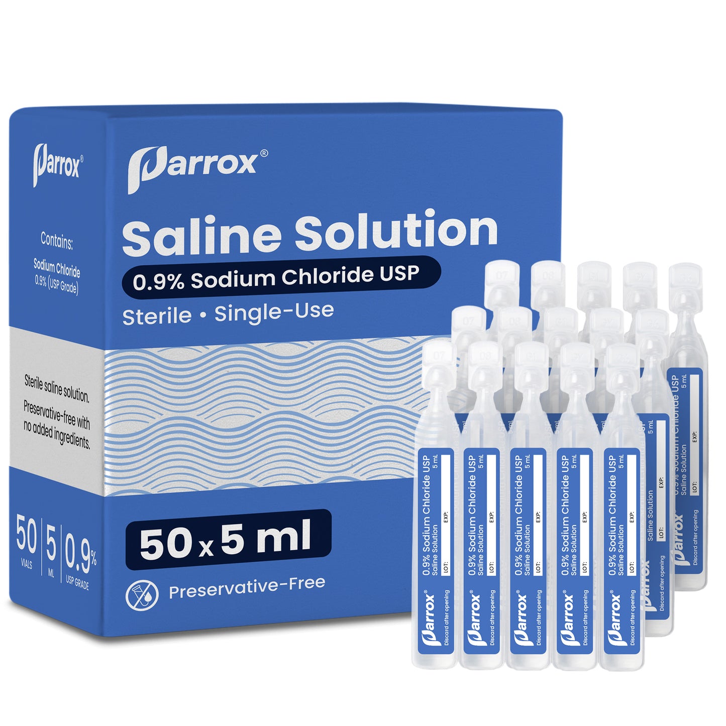 Parrox 0.9% Sodium Chloride Saline Solution, USP Grade Sterile Isotonic, Single-Use Vials, No Preservatives or Additives, 50 Count