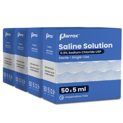 Parrox 0.9% Sodium Chloride Saline Solution, USP Grade Sterile Isotonic, Single-Use Vials, No Preservatives or Additives, 50 Count