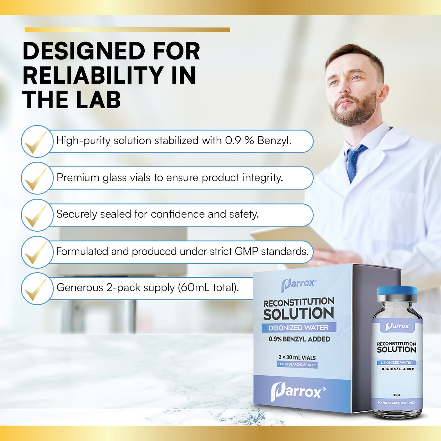 Bacteriostatic Reconstitution Solution 30mL - 2 Pack Premium Glass Vials