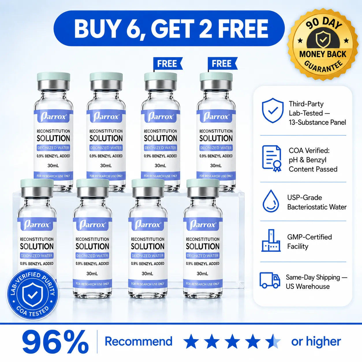 Promotional graphic for Barrox Reconstitution Solution showing multiple glass vials arranged in two rows on a light blue background, with large text reading 'BUY 6, GET 2 FREE,' feature icons on the right, and a 90-day money-back guarantee badge.