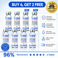Promotional graphic for Barrox Reconstitution Solution showing multiple glass vials arranged in two rows on a light blue background, with large text reading 'BUY 6, GET 2 FREE,' feature icons on the right, and a 90-day money-back guarantee badge.